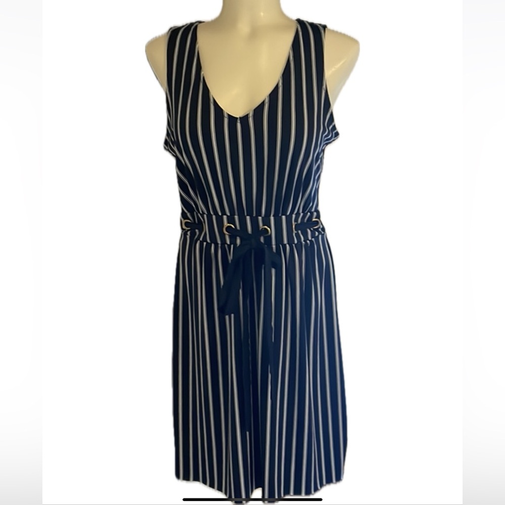Blue & White Striped dress or coverup with Front Grommets and sash waist .